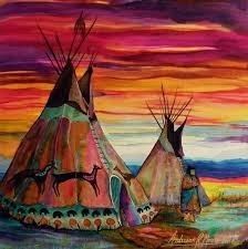 a painting of two teepees in front of a colorful sky