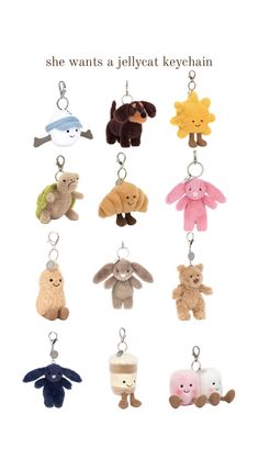 a bunch of stuffed animals hanging from a keychain with the words she wants a jellycat keychain