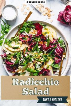 radicchio salad on a white plate with almonds