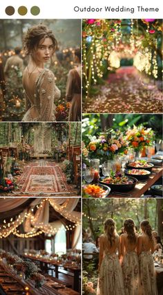 an outdoor wedding theme with flowers and lights