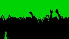 a group of people with their hands up in the air, against a green background