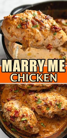 the cover of marry me chicken is shown in an orange and black pan with text overlay