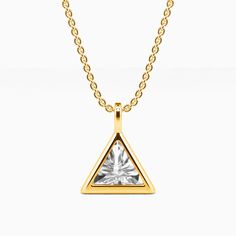 This nifty pendant necklace is made to suit your every pretty outlook. It features a brilliant triangle-cut gem protected by a highly polished bezel in the same shape. Exuding an innate radiance, this precious accessory will always be your first choice.Carat Weight: 1.2 ctStone Size: 7*7 mmStone Type: Moissanite/GemstoneNumber of Stones: 1 Stone Color: OptionalStone Shape: TrillionChain Type: O-chainWidth: 10.2 mmHeight: 12.7 mmThickness: 3.1 mmMaterial: 10K/14K/18K Solid Gold , PlatinumChain Wi Classic Necklace, First Choice, Christmas Sale, Personalized Jewelry, Stone Color, Solid Gold, Jewelry Necklaces, Gems, Size 7