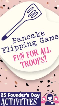 a white plate with pink and purple sprinkles on it that says pancakes flipping game fun for all troops