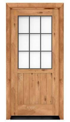 a wooden door with glass panels on the front and side paneled in light wood