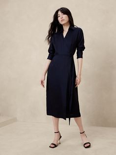 Silky Twill Wrap Midi Dress | Banana Republic Factory Work Wrap Dress, Banana Republic Outfits, Midi Sweater Dress, Wrap Dresses, Essential Dress, Wrap Midi Dress, Sweater Dress Midi, Banana Republic Factory, Curvy Outfits