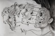 a pencil drawing of two women with their faces covered in skulls and bones, one woman's face is partially obscured by the other