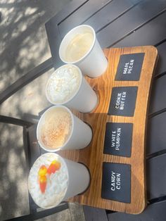 Fall coffee flight candy corn white pumpkin cookie butter maple  pecan delicious yummy season Coffee Flavors, Fall Couples, Tea Drink Recipes, Pumpkin Cookie, Bookstore Cafe, Coffee Guide, Bakery Ideas, Cookie Butter