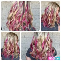 Bright Pink And Blonde Hair, Blonde On Top Pink Underneath, Pink Accent Hair Color, Pink Pikaboo Highlights, Pink Higliths Hair, Vivid Highlights Blondes, Hot Pink Peekaboo Highlights, Blonde Balayage With Pink Highlights, Peek A Boo Pink Highlights