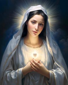 a painting of the immaculate mary holding a heart in her hands with light shining through it