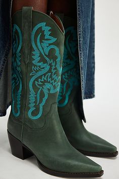 Stun in these so cool western-inspired boots from Jeffrey Campbell featuring classic embroidered details in a luxe leather design with a pointed toe and block heel. Pull-on styleCushioned insoleClassic rounded edgePull tabs on either side | Dagget Western Boots by Jeffrey Campbell at Free People in Green, Size: US 8 Glamourous Heels, Free People Boots, Rugged Boots, Holiday Shoes, Color Board, Free People Store, Free People Clothing, Free People Shoes, Embroidered Details