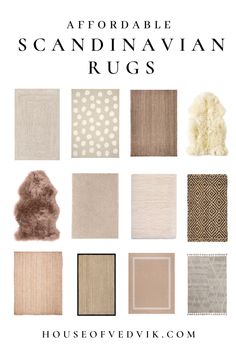 an image of the scandinavian rugs in different colors and patterns, with text overlaying