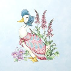 a drawing of a duck in a dress with flowers