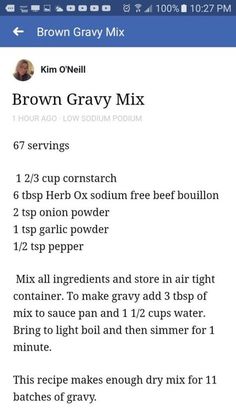 the recipe for brown gravy mix is shown in this screenshote image