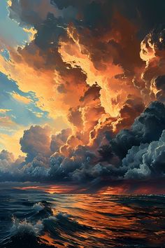 a painting of clouds over the ocean at sunset