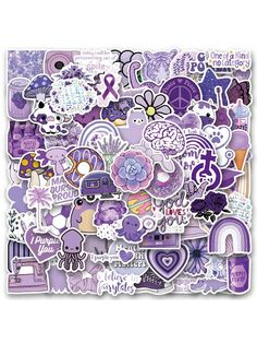 the purple sticker sheet is full of different items and colors, including hearts, flowers,