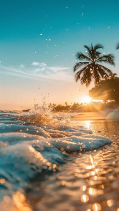 the sun shines brightly behind palm trees as waves crash in front of an ocean shore