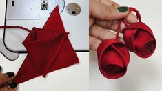 two pictures showing how to make an origami flower out of red fabric and string