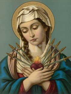 an image of the immaculate mary holding her hands over her heart with words that say, our lady of sorrows pray for us