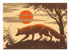 an image of a fox walking in the woods at sunset or sunrise with trees and grass