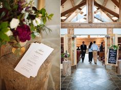 two pictures of people walking down the aisle at a wedding with menus in front of them