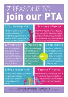 a poster with the words 7 reasons to join our pta in purple and blue