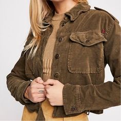 Free People Everlyn Corduroy Jacket Size S Brown Moss Crop Military Biker Nwt Smoke Free Home Chic Take On A Military Style Jacket. Cropped Style Falls Just Above Hip. Oversized Front Pockets. Adjustable, Moto Style, Banded Hem. Free People Embossed Antique Bronze Buttons & Hardware. Offered In Brushed Corduroy "Moss" Or Olive/ Brown Color. 3 Season Jacket Warn In Place Of Denim Or Stand Alone As An Outfit. Just A Great, Wardrobe Add. Size S Sleeves Length 23” Lying Flat Armpit To Pit; 21” Shoul Cordory Jacket, Cropped Jacket Outfit, Unique Womens Fashion, Gamine Style, Military Style Jackets, Free People Jacket, Moto Style, Jeans Diy, Denim And Lace