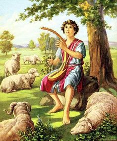 a painting of a man sitting on a rock next to sheep and holding a stick