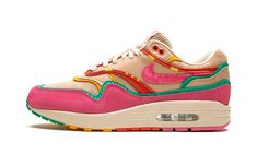 The Nike Air Max 1 “Familia” is a colorway of the legendary running shoe that celebrates young Latina women.  As colorful as any Air Max 1 ever released by Nike, the “Familia” features a tan leather upper with panels outlined with red and green piping and yellow deco stitching.  A pink textured Swoosh appears on each side of the shoe.  A green textile trim is seen above the pink suede mudguard.  “Familia” branding is located on the right tongue tag and sockliner.  Underfoot, a tan midsole with a Colorful Sneakers Women, Green Textile, Sneak Attack, Colorful Sneakers, Classy Lady, Fashion Shoes Sneakers, Amazon Buy, Cute Sneakers, Nike Air Max 1