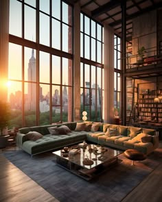 a living room filled with lots of windows and furniture in front of a large window