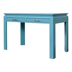 a blue desk with two drawers and one drawer at the top, against a white background