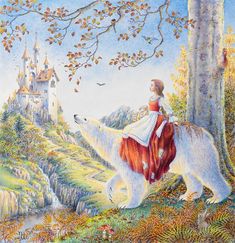 a painting of a woman riding on the back of a polar bear in front of a castle