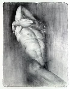 a black and white drawing of a naked man's back, with his arm stretched out