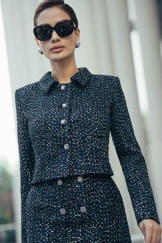 Megan Cropped Collared Neck Tweed Jacket - MEAN BLVD Tweed Suit Women, Chick Outfit, Cozy Clothing, Tweed Skirt Suit, Tweed Outfit, Mean Blvd, Women's Suits, Business Chic, Tweed Mini Skirt