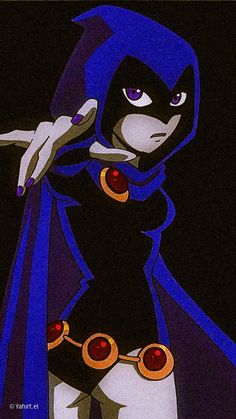 an image of a cartoon character with blue hair and purple eyes wearing a black outfit