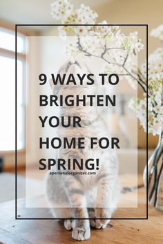 a cat sitting on top of a wooden table next to a vase with white flowers