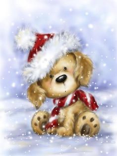 a painting of a teddy bear wearing a santa hat and scarf sitting in the snow