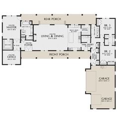 the first floor plan for a home with two garages and an open living area