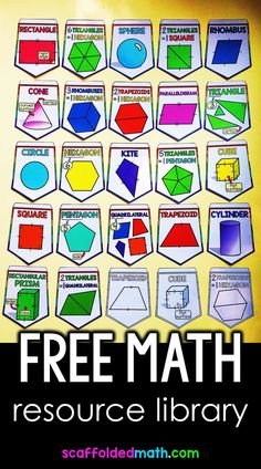 A photo of 25 pennants with colorful geometric shapes to show one of the math resources included in the Scaffolded Math and Science free math resource library Math Vocabulary Words, High School Math Classroom, Free Math Resources, Math Word Walls, Math Classroom Decorations, Basic Geometry, Math Lesson Plans, High School Math