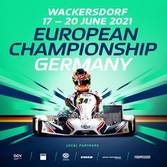 a poster for the european championship with a man in a go kart racing car