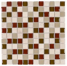 a white and red mosaic tile pattern with brown, beige, and green squares on it