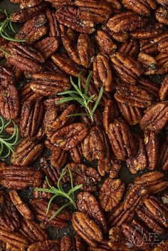 pecans with rosemary sprigs on top