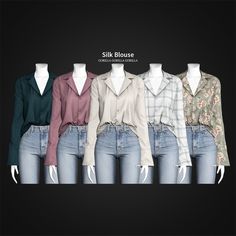 four different colored blouses on mannequins in front of a black background