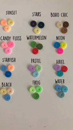 several different types of buttons on a white surface with words written below them that spell out the names of each button