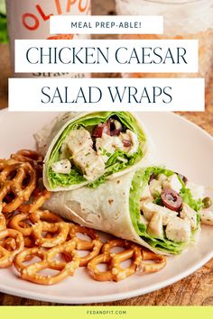 Chicken caesar salad wraps sit on a pink colored plate next to a side of pretzels. Chicken Caesar Wrap Recipe, Chicken Caesar Salad Wraps, Caesar Salad Wrap, Homemade Caesar Dressing, Homemade Caesar, Chicken Caesar Wrap, Caesar Chicken, Chicken Salad Wrap