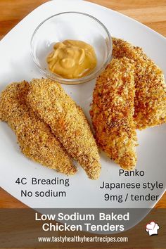 Chicken tenders with two styles of breading with honey mustard dip. Dinner Ideas Low Sodium, Low Sodium Recipes Chicken, Heart Healthy Meals Low Sodium, Low Salt Chicken Recipes, Easy Low Sodium Meals Dinners, Chicken Recipes For Ckd, Low Sodium Baked Chicken Recipes, Low Sodium Chicken Tenders Recipes, Low Sodium Chicken Tenders