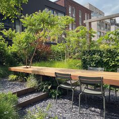 a wooden table surrounded by chairs and trees in the middle of a graveled area