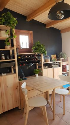 a table and chairs in a small room