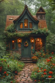 a green house with flowers around it and a stone path leading to the front door