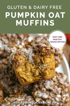 gluten and dairy free pumpkin oat muffins on a white plate